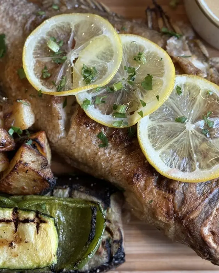 Pesce arrosto con limone e verdure grigliate
